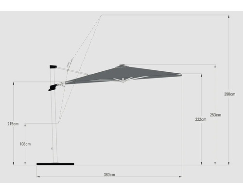 Teknisk ritning av ett parasoll med mått.