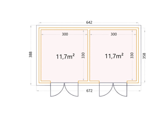 Planritning av ett trädgårdshus med två rum och måtten