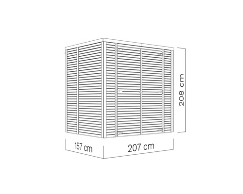 Illustration av ett redskapsbod med måtten 208 x 207 x 157 centimeter.