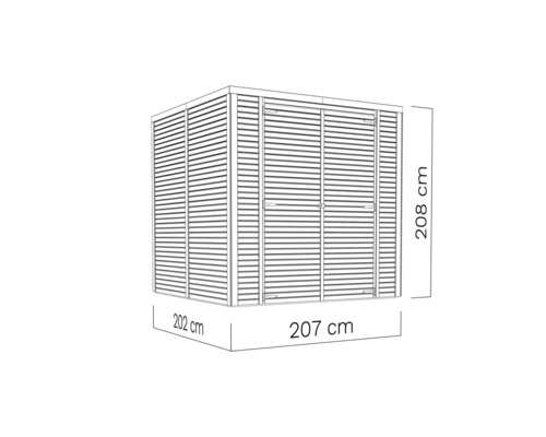 Illustration av ett trädgårdshus med måtten 208 cm höjd, 202 cm bredd och 207 cm djup