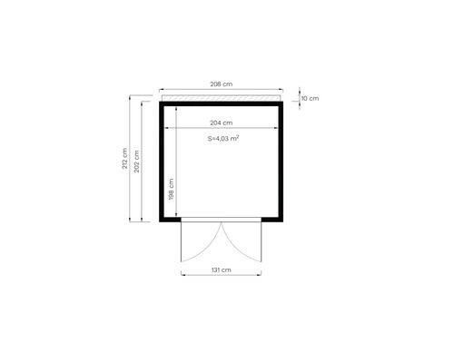 Ritningsskiss med mått: 208 cm bred, 212 cm hög, yta 4,03 kvadratmeter
