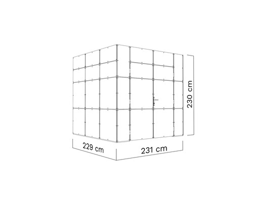 Teknisk ritning av en kabin med måtten: 229 centimeter, 231 centimeter och 230 centimeter.