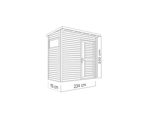 Illustration av ett trädgårdsskjul med fönster och dörr och måtten 115 cm x 234 cm x 232 cm.