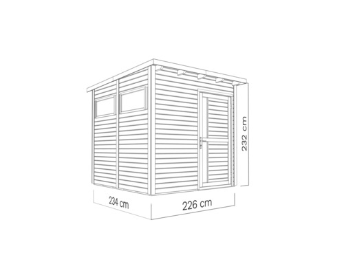 Illustration av ett trädgårdsskjul med måtten 234 cm x 226 cm x 232 cm