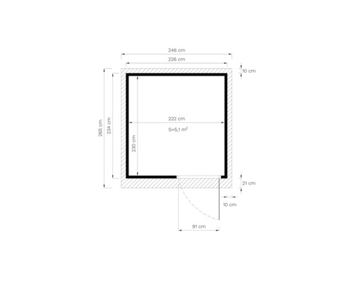Teknisk ritning med mått på ett trädgårdshus