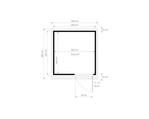Ritning med måtten 246 gånger 265 centimeter och en yta på 5,1 kvadratmeter