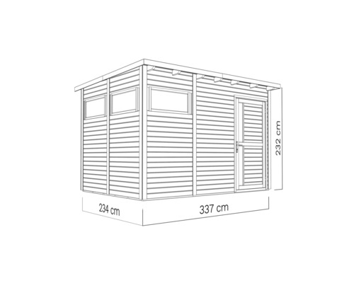 Illustration av ett trädgårdshus med dörr, två fönster och måtten 234 gånger 337 gånger 232 centimeter.