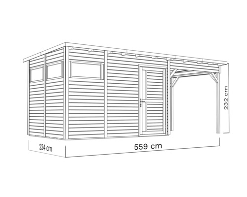 Illustration av ett trädgårdsskjul med tak, mått 234 x 559 x 232 centimeter.