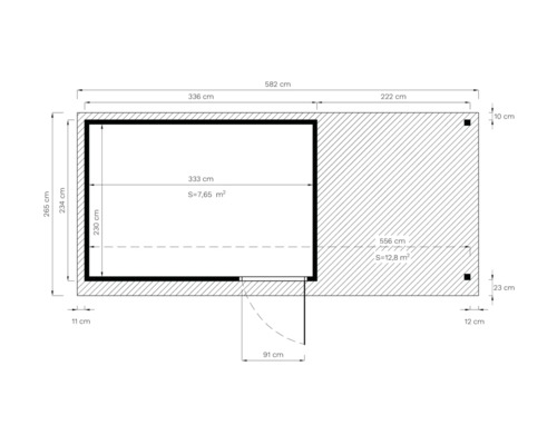 Teknisk ritning av ett trädgårdshus med mått.