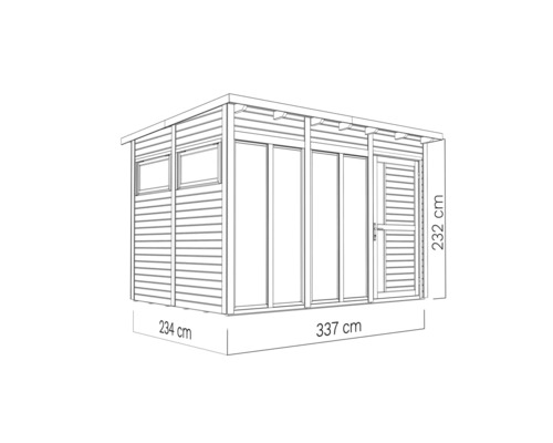 Illustration av ett trädgårdshus med måtten 234 centimeter gånger 337 centimeter gånger 232 centimeter.