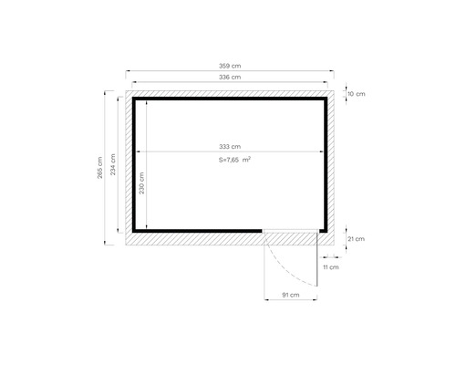 Planritning över ett rum med dimensioner i centimeter och kvadratmeter