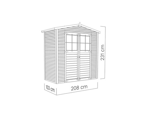 Trädgårdsskjul med dubbeldörr och fönster samt mått: 231 cm höjd, 208 cm bredd och 103 cm djup