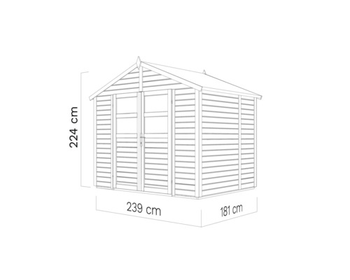 Bild av ett trädgårdsskjul med måtten 224 cm högt, 239 cm brett och 181 cm djupt.