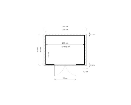 Ritningsritning med måtten 259 gånger 191 centimeter
