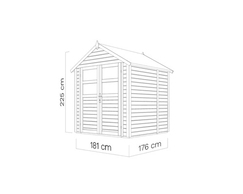 Bild av ett trädgårdsskjul med måtten 225 cm högt, 181 cm brett och 176 cm djupt.