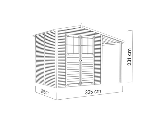 Trädgårdshus i trä med dubbeldörr, fönster och tak, mått 202 cm x 325 cm x 231 cm