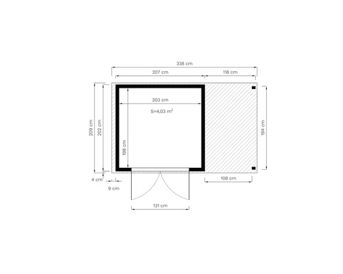 Planritning av ett trädgårdshus med mått i centimeter.