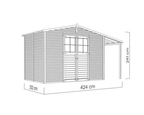 Bild av ett trädgårdsskjul med måtten 424 x 202 x 241 cm