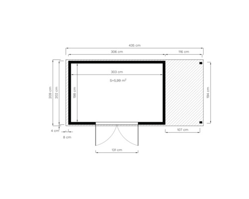 Planritning av ett trädgårdshus med mått i centimeter och kvadratmeter