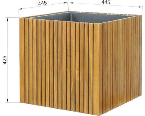 Fyrkantig blomlåda i trä med måtten 445 x 445 x 425 mm.