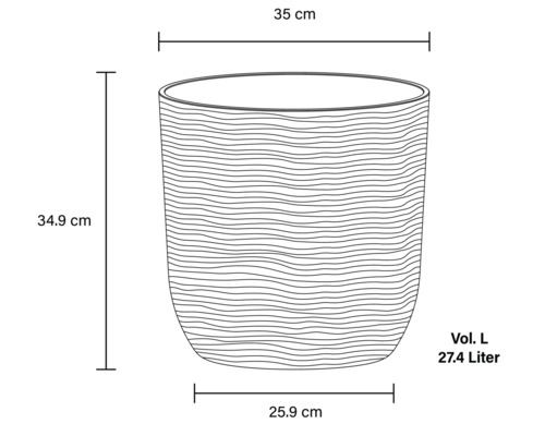 Skiss av en växtlåda som är 35 cm bred, 34,9 cm hög och har en volym på 27,4 liter