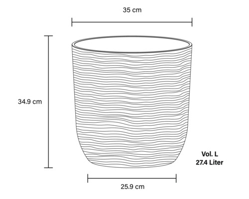 Teknisk ritning av en planteringslåda med måtten 34,9 cm höjd, 35 cm diameter upptill, 25,9 cm diameter nedtill och en volym på 27,4 liter