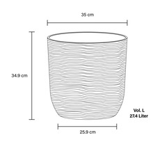 Teknisk ritning av en blomkruka med måtten 35 centimeter i diameter upptill, 25,9 centimeter i diameter nedtill, 34,9 centimeter i höjd och en volym på 27,4 liter.