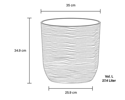 Teknisk ritning av en blomkruka med måtten 35 centimeter i diameter upptill, 25,9 centimeter i diameter nedtill, 34,9 centimeter i höjd och en volym på 27,4 liter.