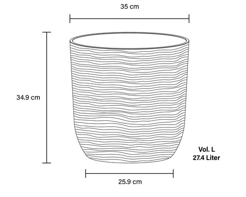 Bild på en blomkruka med måtten 35 cm bred, 34,9 cm hög, 25,9 cm djup och en volym på 27,4 liter.