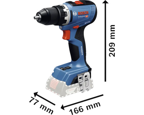 Bosch sladdlös skruvdragare med måtten 209 mm höjd, 166 mm längd och 77 mm bredd.