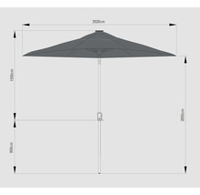 Teknisk ritning av ett parasoll med måtten 2920 cm bredd, 1550 cm höjd skärm, 2055 cm totalhöjd och 950 cm höjd skärmens underkant.