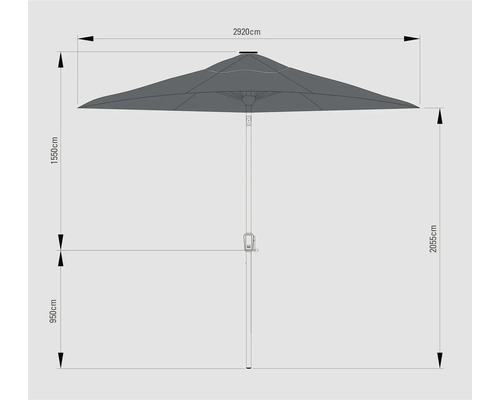 Teknisk ritning av ett parasoll med måtten 2920 cm bredd, 1550 cm höjd skärm, 2055 cm totalhöjd och 950 cm höjd skärmens underkant.