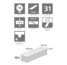 Laminategenskaper: 15 års garanti, klassiskt brädformat, användningsklass 31, tjocklek 7 millimeter, Clic it läggningsprofil, antistatisk yta, 4-sidig Woodvision-fas, 10 brädor, 1292 x 193 millimeter