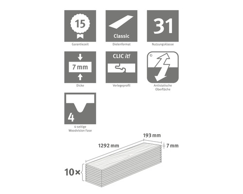 Illustration av laminate genskaper: 15 års garanti, klassiskt plankformat, bruksklass 31, 7 mm tjocklek, klickfog, antistatisk yta, fassning med Woodvision på fyra sidor, 1292 mm längd, 193 mm bredd