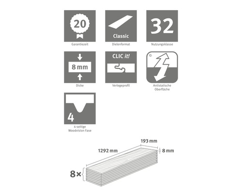 Information om garantiperiod, plankformat, användningsklass, tjocklek, installationsprofil, antistatisk yta och Woodvision Phase för produkten
