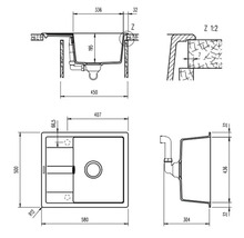 Teknisk ritning av en diskho med måttangivelser