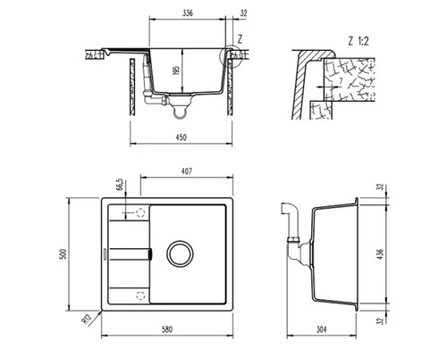 Teknisk ritning av en diskho med måttangivelser
