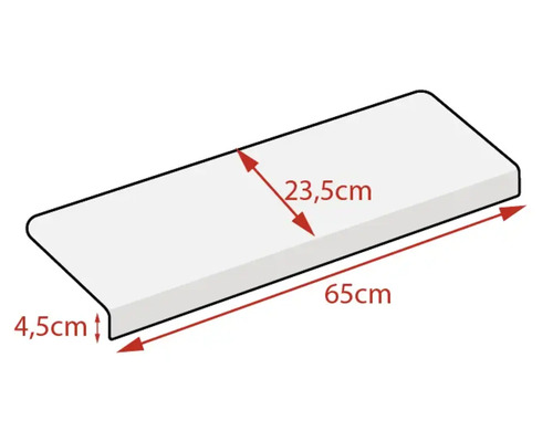 Fönsterbräda med måtten 65 cm längd, 23,5 cm bredd och 4,5 cm höjd