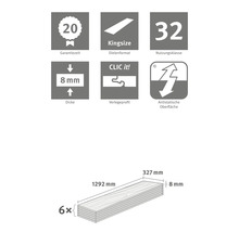 Information om garantitid, brädformat, bruksklass, tjocklek, läggningsprofil och antistatisk yta. Sex brädor med måtten 1292 mm x 327 mm x 8 mm.