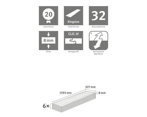 Information om garantitid, brädformat, bruksklass, tjocklek, läggningsprofil och antistatisk yta. Sex brädor med måtten 1292 mm x 327 mm x 8 mm.