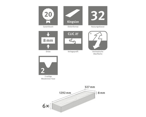 Information om garantitid, brädformat, användningsklass, tjocklek, läggningsprofil, antistatisk yta och fas på produkten.