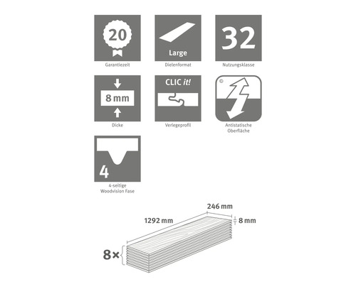 Information om garantitid, plankformat, användningsklass, tjocklek, läggningsprofil, antistatisk yta och fas