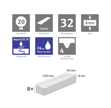 Information om laminat: Garanti 20 år, plankformat Classic, användningsklass 32, tjocklek 8 mm, installationsprofil Aqua Clic it, vattentålig 24 timmar, 4-sidig Woodvision-fas, åtta plankor 1292 mm x 193 mm x 8 mm