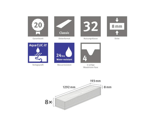 Information om laminat: Garanti 20 år, plankformat Classic, användningsklass 32, tjocklek 8 mm, installationsprofil Aqua Clic it, vattentålig 24 timmar, 4-sidig Woodvision-fas, åtta plankor 1292 mm x 193 mm x 8 mm