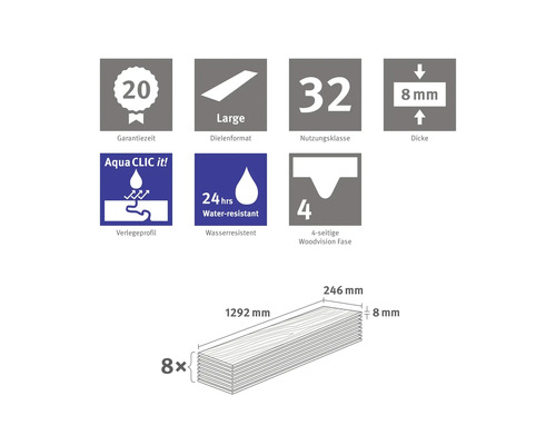 Produktfunktioner: 20 års garanti, stort plankformat, användningsklass 32, 8 mm tjock, Aqua Clic it installationsprofil, 24 timmars vattenbeständighet, fasslipning på fyra sidor av Woodvision, mått 1292 gånger 246 gånger 8 millimeter