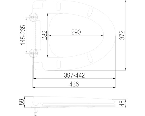 Teknisk ritning av en toalettsits med måttangivelser
