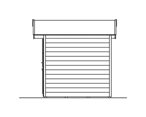 Ritning av ett trädgårdshus med trävägg
