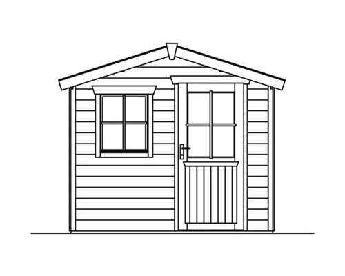 Ritning av ett trädgårdshus med fönster och dörr
