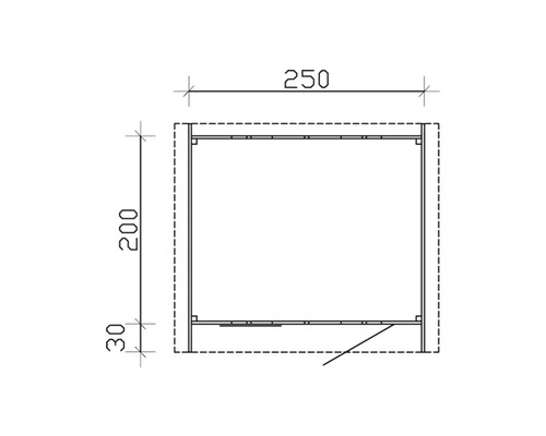Teknisk ritning av ett skåp med måtten 250 x 200 x 30