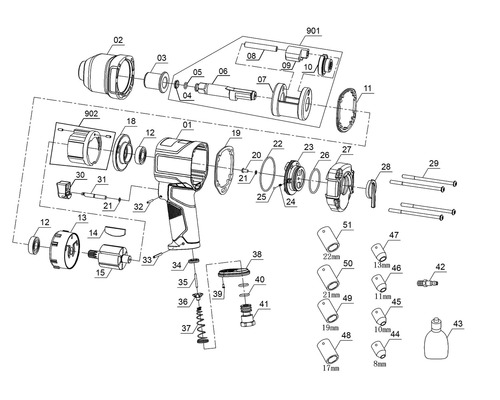 Sprängskiss av en mutterdragare med separata delar